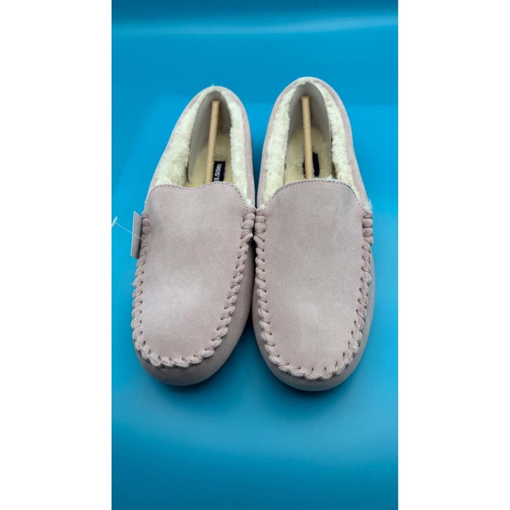 Lands End Moccasin Slippers Womens 9 Wide Pink New Suede Faux Fur 525819